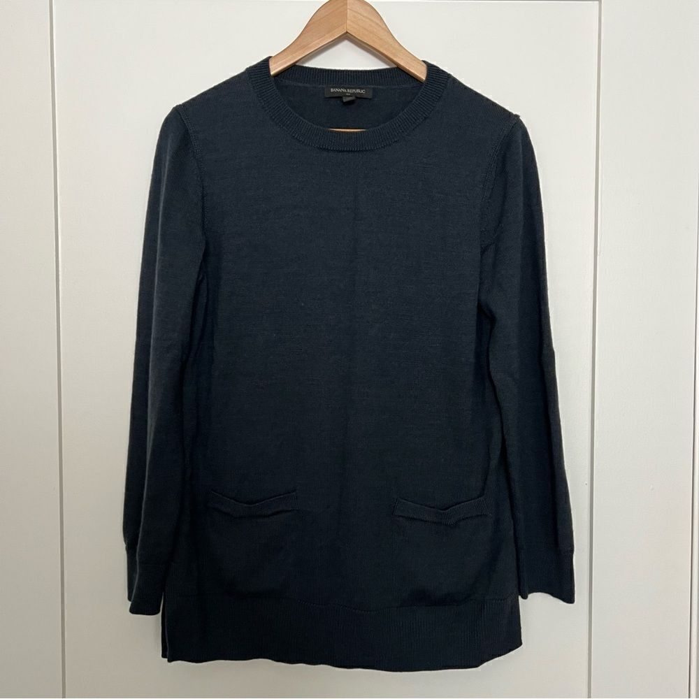 Banana Republic Tunic Sweater Womens Sz M Navy Blue Pockets Wool Blend Lagenlook